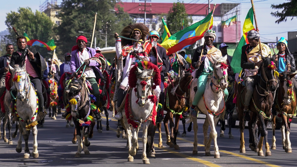 Horsemen at a parade to mark the anniversary of the Battle of Adwa in Addis Ababa, Ethiopia - March 2021