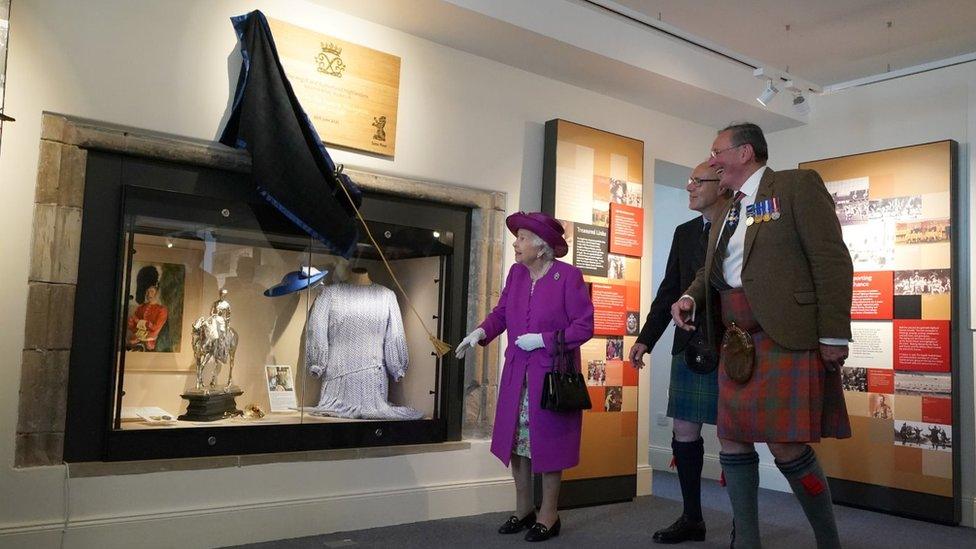 Queen Elizabeth II unveils a plaque to open the new Argyll and Sutherland Highlanders Museum at Stirling Castle as part of her traditional trip to Scotland for Holyrood Week. Picture date: Tuesday June 29, 2021.