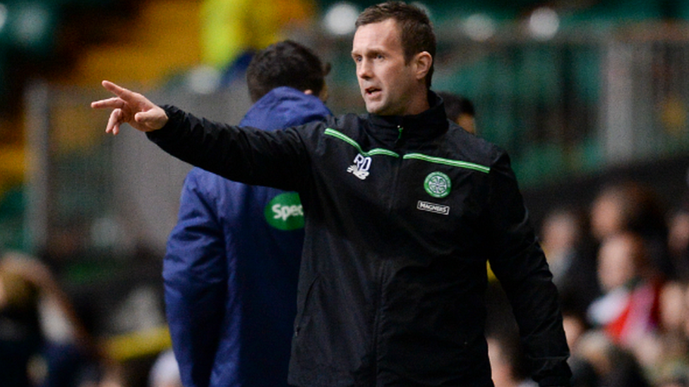 Celtic boss Ronny Deila makes a point to his players during their 0-0 draw with Dundee