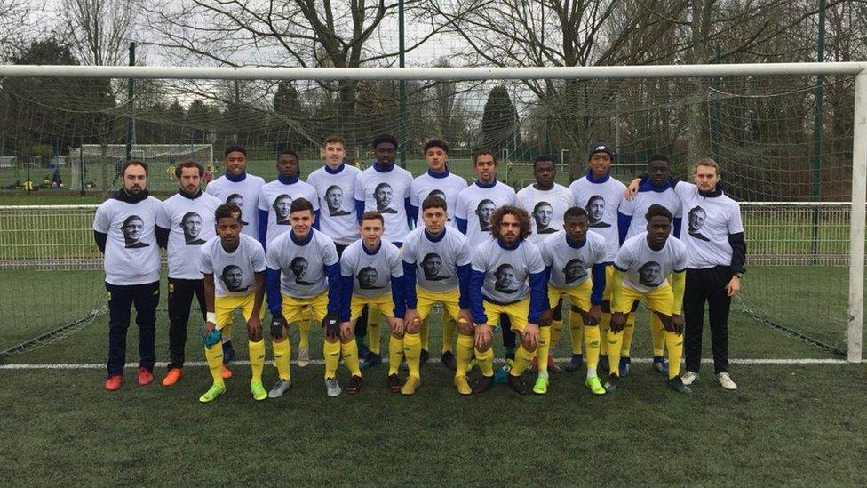 The under-19s at FC Nantes pose for pictures - wearing t-shirts with the words "We Love You Emi"