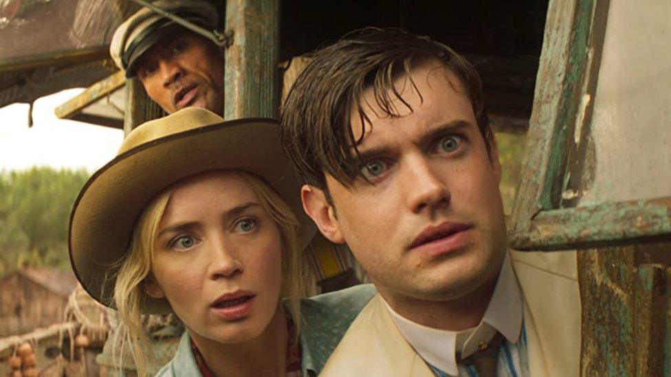 Jack Whitehall, Emily Blunt and Dwayne "The Rock" Johnson in Jungle Cruise.