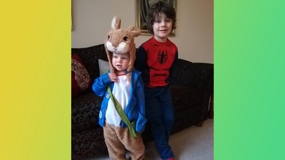 Ethan dressed as Spider-Man and Jesse as Peter Rabbit