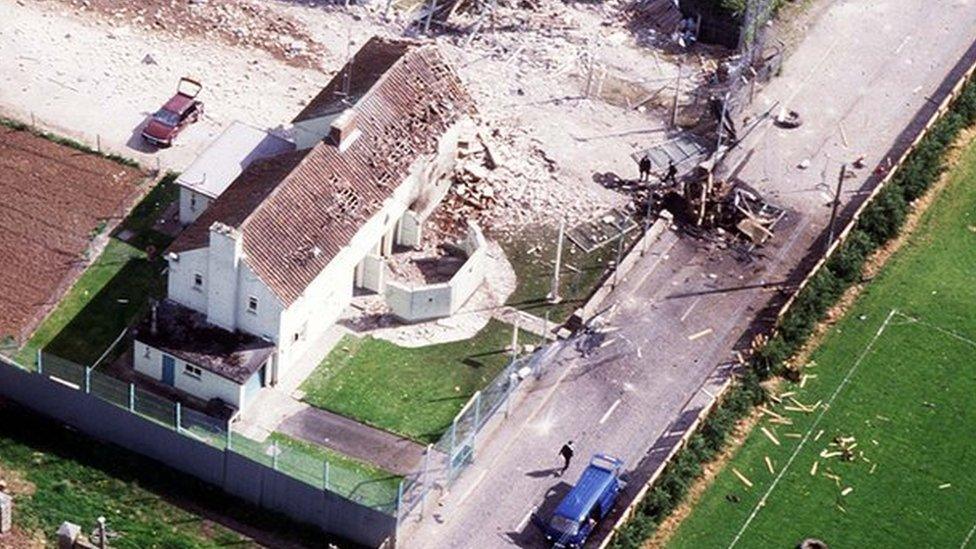 An aerial view of the aftermath of the IRA ambush at Loughgall RUC station in 1987