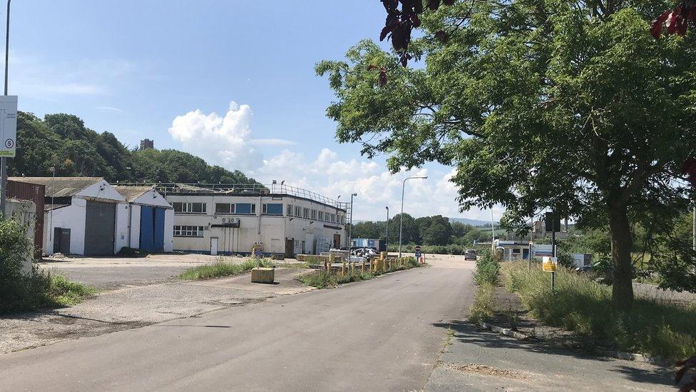 White industrial buildings with a service road running through and a tree on a sunny day