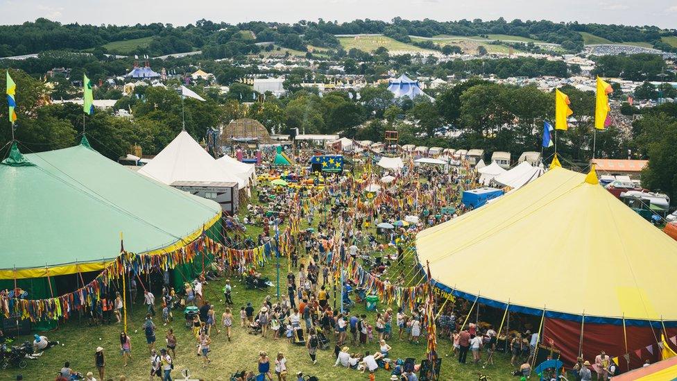 An aerial shot of the Glastonbury Festival site