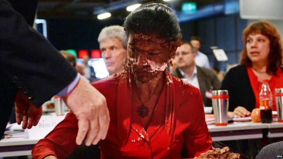 Sahra Wagenknecht after being attacked by a cake-throwing activist