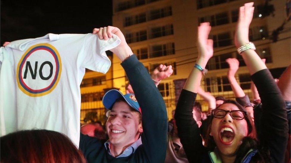 "No" supporters celebrate following their victory in the referendum on a peace accord to end the 52-year-old guerrilla war between the FARC and the state on October 2, 2016 in Bogota, Colombia