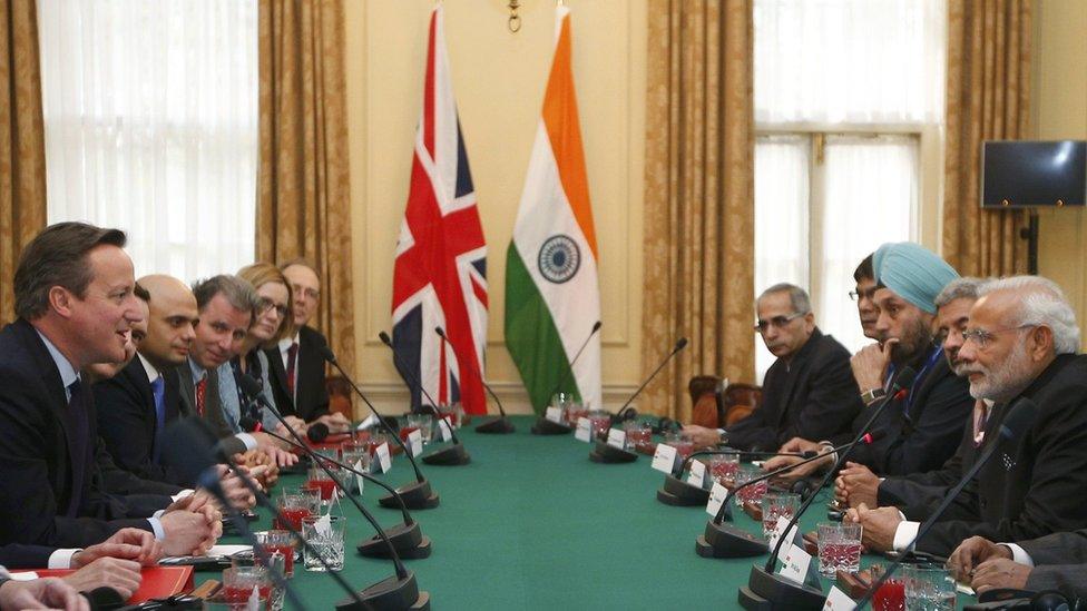 Mr Cameron speaking to Mr Modi across the Cabinet table