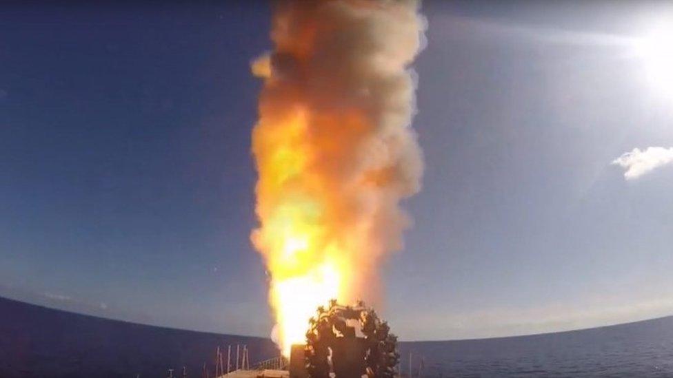 Russian frigate Admiral Grigorovich firing Kalibr cruise missiles against targets in Syria, off the Syrian coast (15 November 2016)