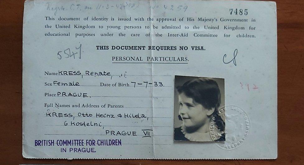 Renate Collins's visa and passport as five-year-old Renate Kress, who left Prague in 1939 and later discovered 64 of her family died in the Holocaust