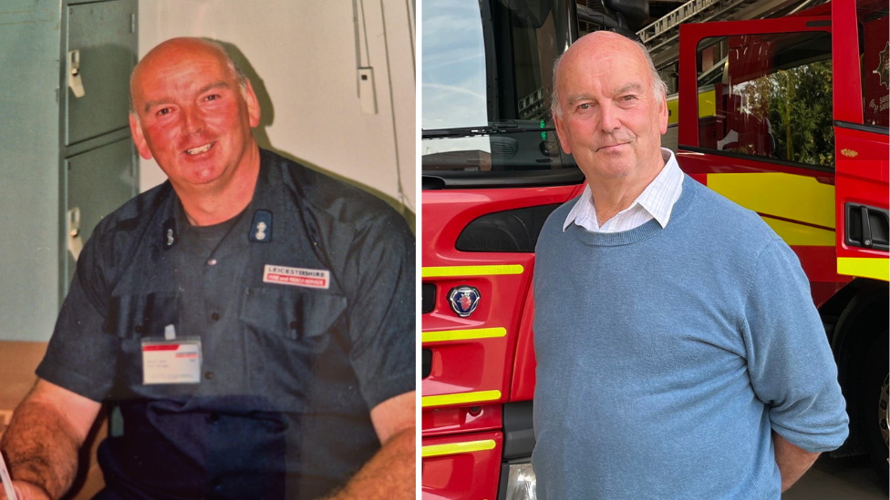 A side by side photo of Malcolm Moss, back when he was a retained firefighter and a more recent one in front of an appliance.
