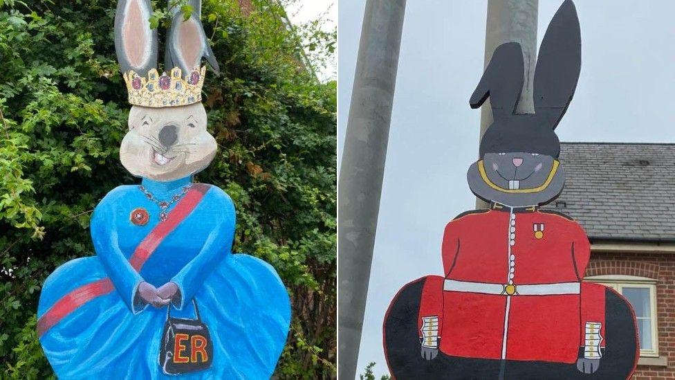 A composite image showing two rabbits, one painted to resemble the Queen, complete with crown, and the other decorated as a royal guardsman.