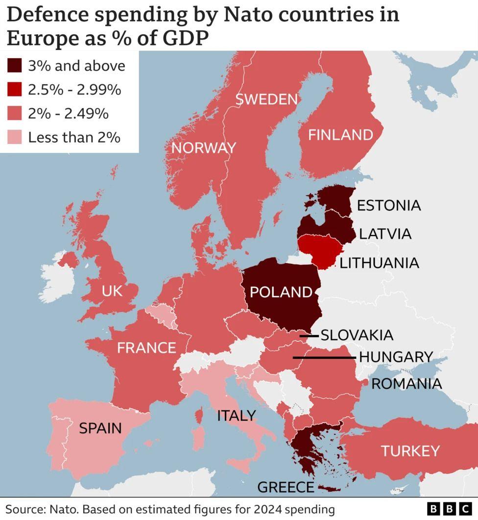 A map of European Nato members illustrating their defence spending as % of GDP.