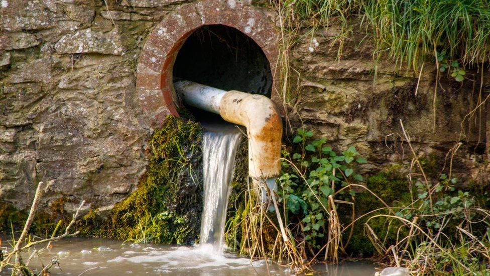 Water flows from a drain into a river in the UK