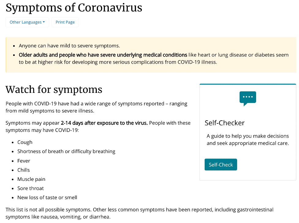 The US CDC tells people to watch for cough, shortness of breath, fever, chills, muscle pain, sore throat and new loss of taste or smell