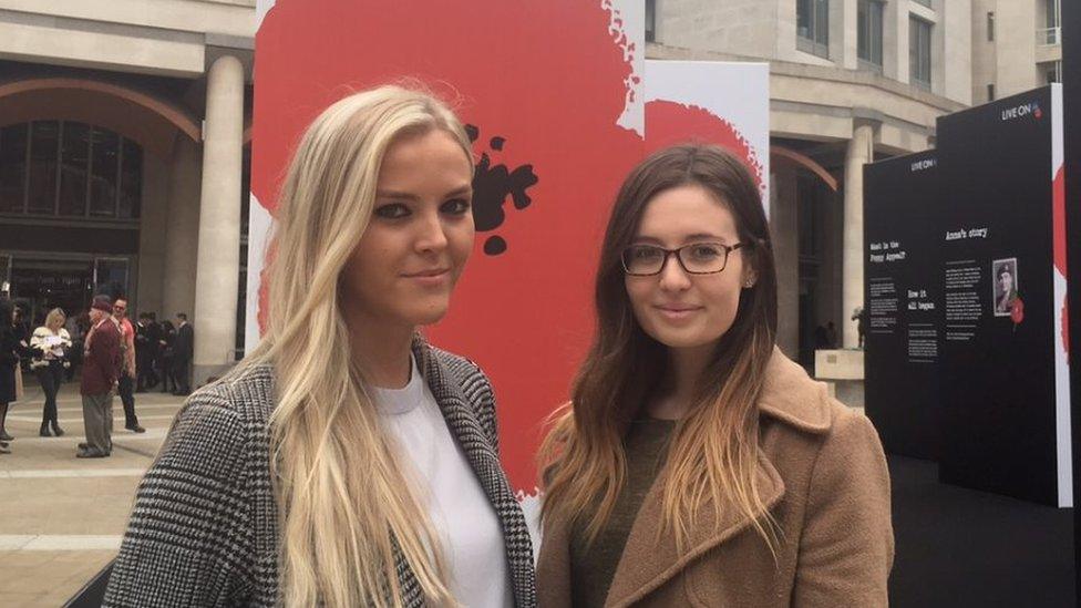 Danielle Felton and Claire Baker, both 24, from Cheshire, in Paternoster Square.