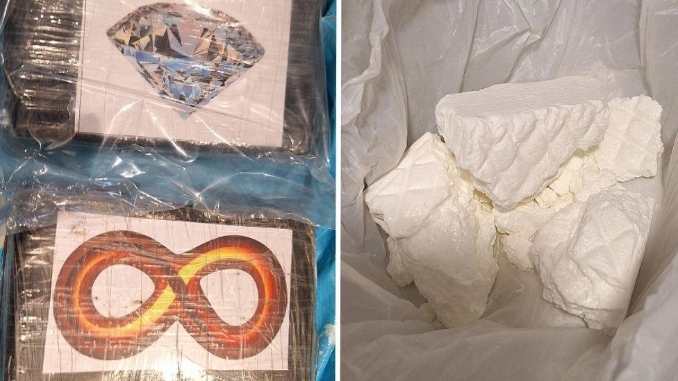 There are two rectangle shaped-drug bags. The top one has an image of a blue diamond, the bottom one has an orange figure-eight symbol. They are against a blue background. A composite image on right hand side shows a large amount of white powder