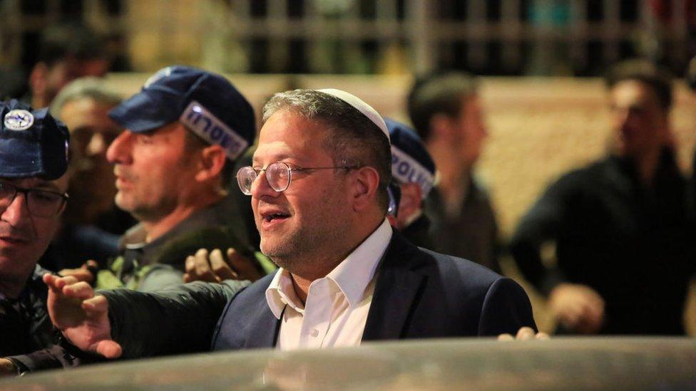 Israeli National Security Minister Itamar Ben-Gvir at the crime scene following an armed attack in a Jewish settlement in East Jerusalem