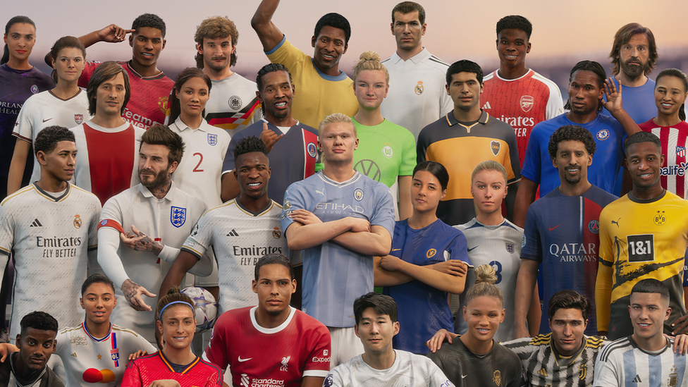 EA SPORTS FC 24 ULTIMATE EDITION COVER - FEATURED ATHLETES - Marta (BRA), Marcus Rashford (ENG), Rudi Völler (GER), Pelé (BRA), Zinedine Zidane (FRA), Bukayo Saka (ENG), Andrea Pirlo (ITA) 3rd row (L to R): Mia Hamm (USA), Johan Cruyff (NED), Alex Scott (ENG), Ronaldinho (BRA), Alexandra Popp (GER) Riquelme (ARG), Didier Drogba (CIV), Leicy Santos (COL) 2nd row (L to R): Jude Bellingham (ENG), David Beckham (ENG), Vinícius Jr. (BRA), Erling Haaland (NOR), Sam Kerr (AUS), Leah Williamson (ENG), Marquinhos (BRA), Youssoufa Moukoko (GER) Front row (L to R): Alexander Isak (SWE), Selma Bacha (FRA), Alexia Putellas (SPA), Virgil Van Dijk (NED), Son Heung-Min (KOR), Trinity Rodman (USA), Federico Chiesa (ITA), Enzo Fernández (ARG)