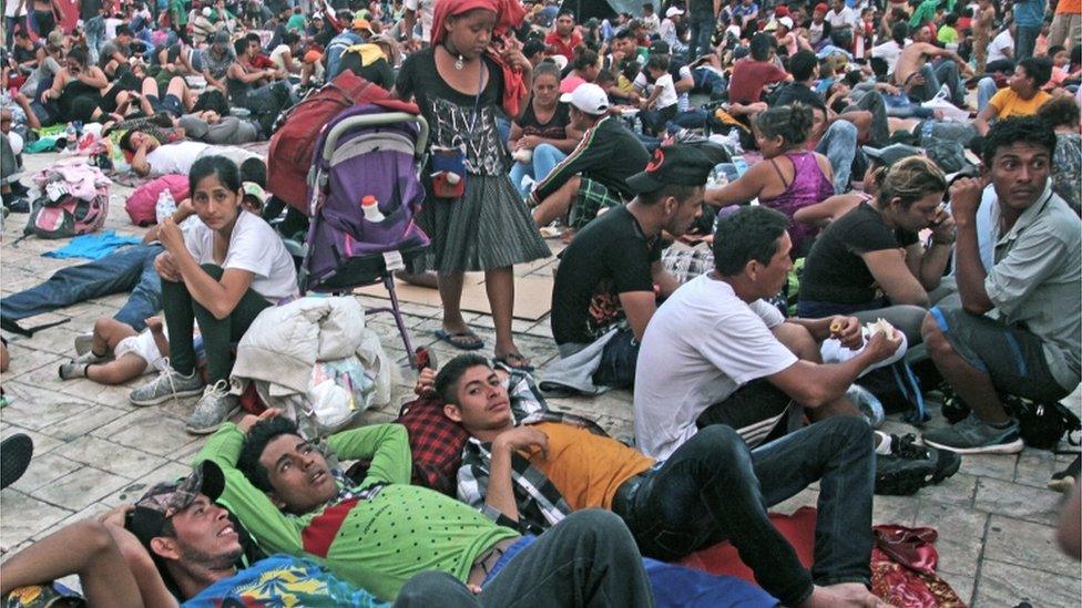 Honduran migrants rest in the town of Huixtla in the state of Chiapas, Mexico