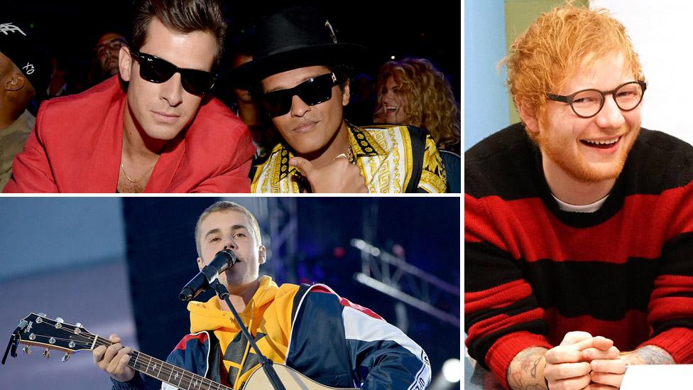 Mark Ronson and Bruno Mars (top left), Justin Bieber (bottom left) and Ed Sheeran