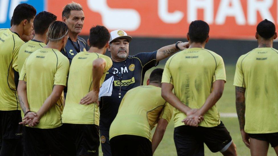 Diego Maradona gives instructions to his players during his first training session at Dorados on 11 September 2018