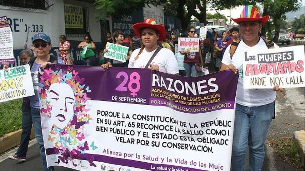 Salvadorean women march demanding the decriminalization of abortion towards the Legislative Assembly in San Salvador on September 28, 2016.