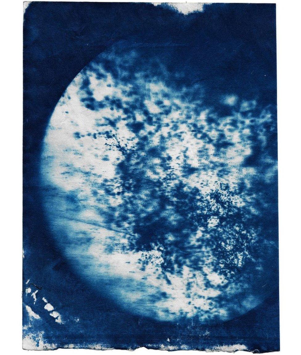 A cyanotype image by Marina Vitaglione showing an air pollution sample from Brixton Road, Lambeth, South London