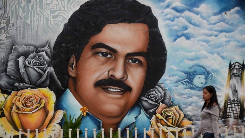 A graffiti of late Colombian drug lord Pablo Escobar at the neighborhood that has his name in Medellin, Colombia (08 September 2017)