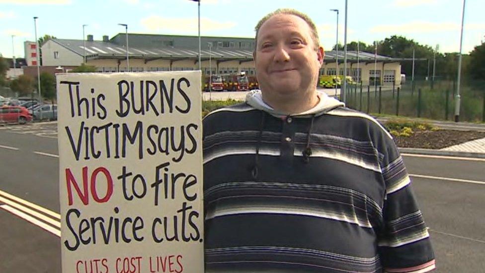 Burns victim Gary Edwards joined the protest