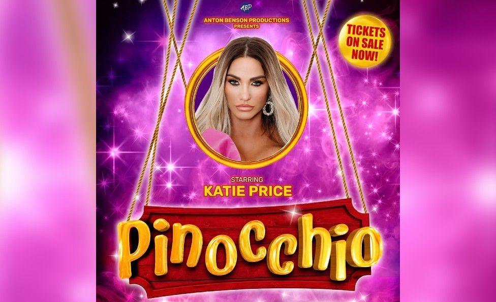 A poster is in the middle of the screen that has a picture of Katie Price in the middle of a circle. She has blonde hair, and is staring towards the camera. There is also a hanging sign, which in yellow, says Pinocchio. 