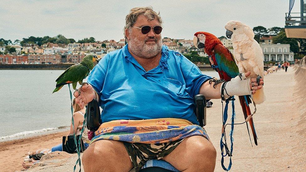 A local man takes his parrots out for a ride along Paignton Sea front