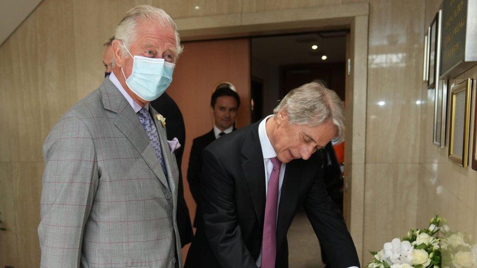 The Prince of Wales (left) is is greeted by Iceland Executive Chairman, Sir Malcolm Walker, during a visit to the headquarters of Iceland Foods Ltd, Flintshire