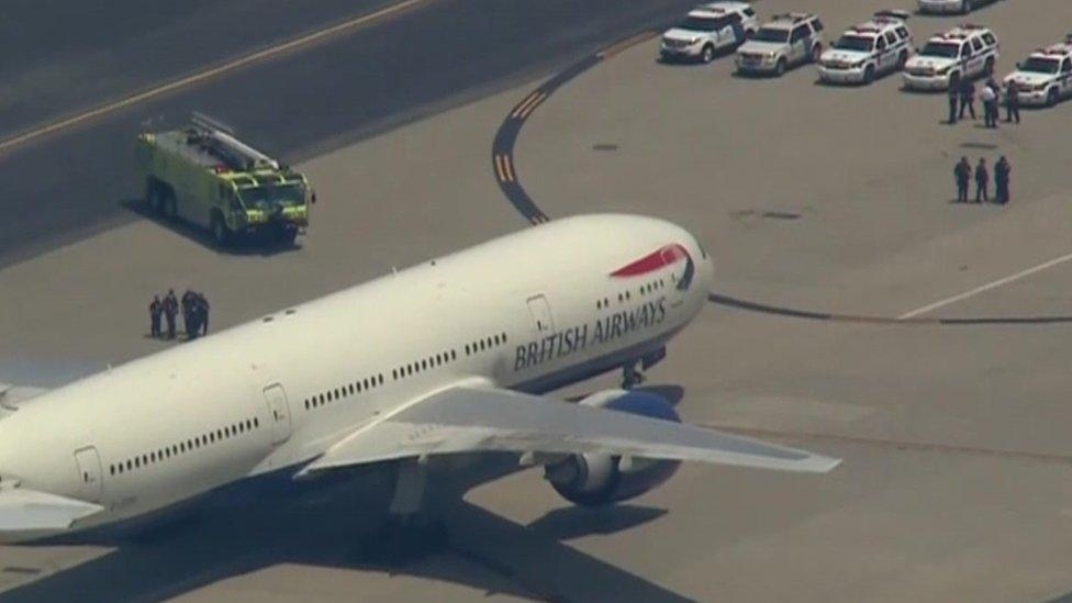 Shows British Airways plane on tarmac in Newark Liberty International Airport on 2 June 2016