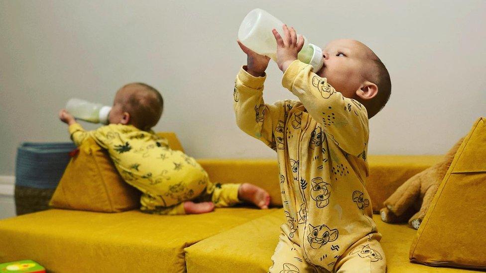 The Cheshire triplets drinking milk