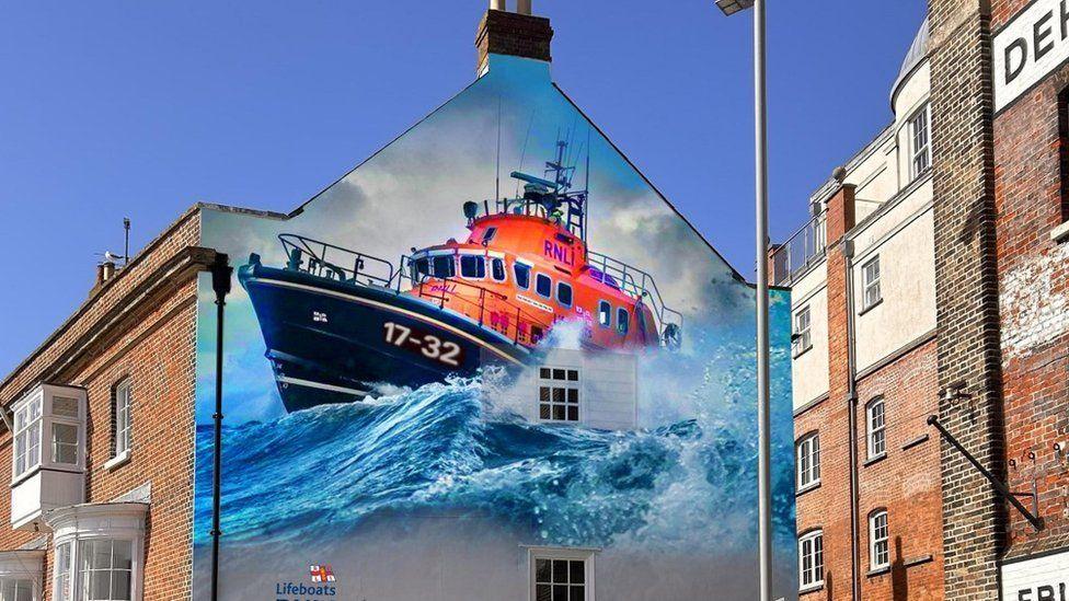 An artist's impression of a mural of an orange and black lifeboat in heavy seas