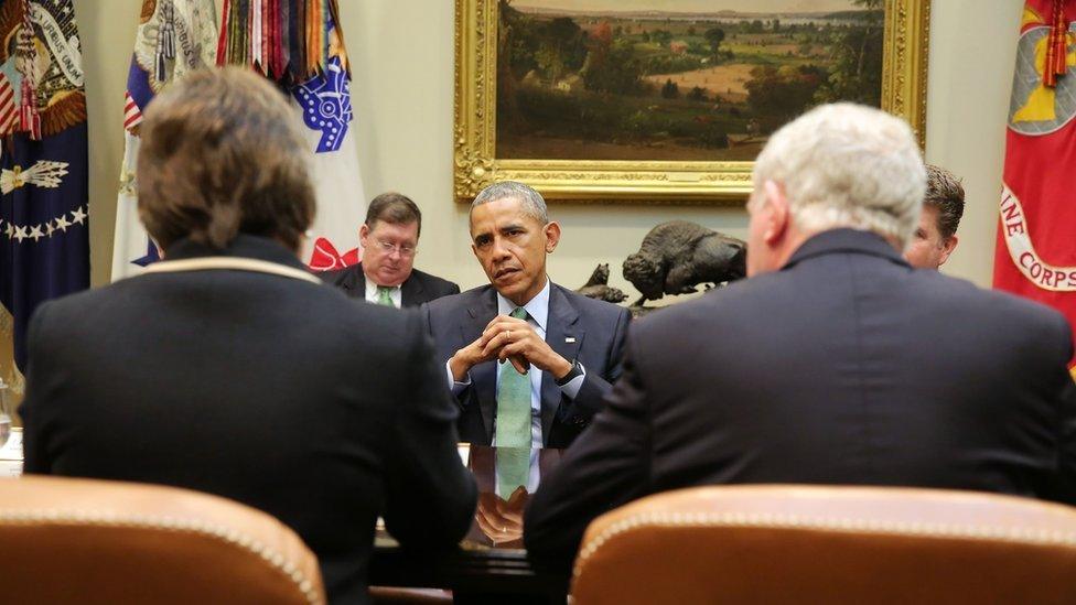 US President Barack Obama speaking to Northern Ireland First Minister Arlene Foster and Deputy First Minister Martin McGuinness