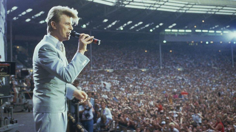 David Bowie on stage at Live Aid at Wembley Stadium in London, 13 July 1985