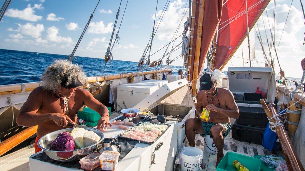 Preparing food on the Hokule'a