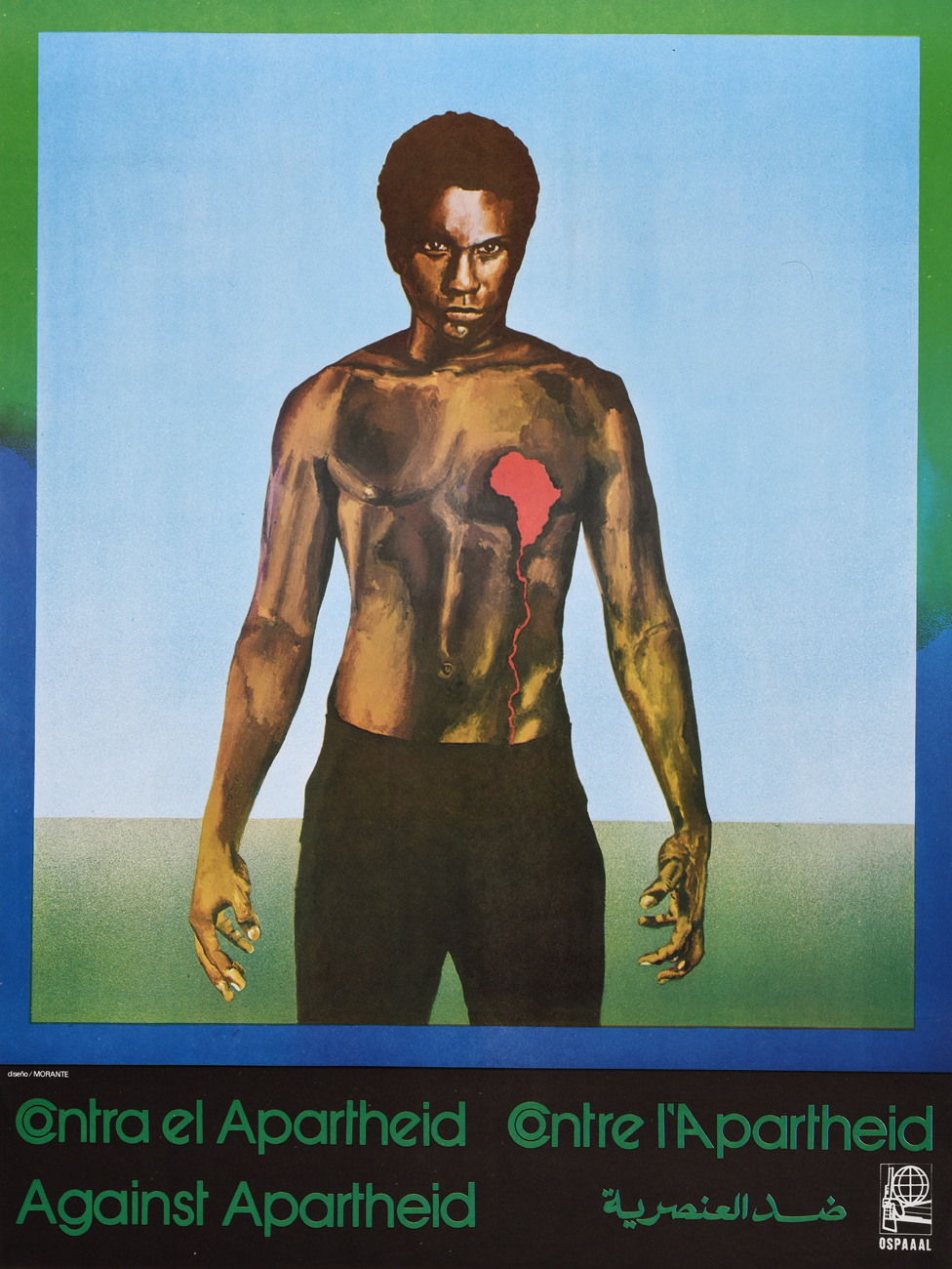 An Ospaaal poster entitled South Africa - Against Apartheid, 1982, showing a man with a bear chest and bleeding heart shaped like Africa