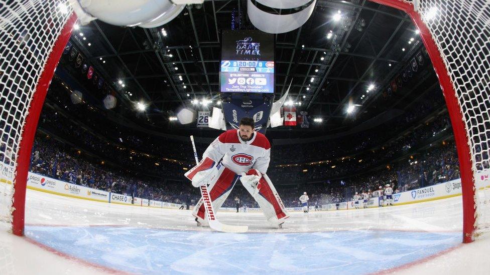 Carey Price of the Montreal Canadiens prepares to tend net against the Tampa Bay Lightning