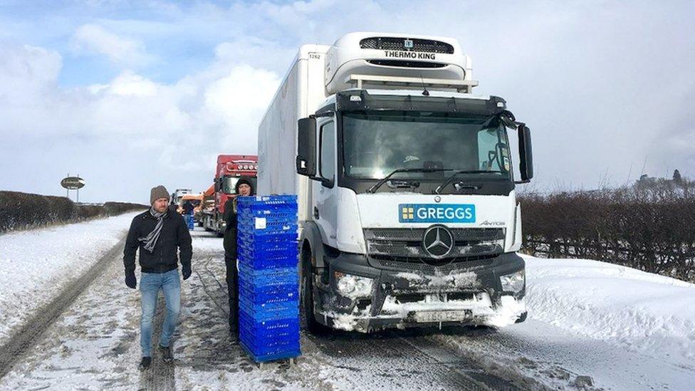 Handout photo taken with permission from the Twitter feed of Les Goff (@lesradabe5) of a Greggs van on the motorway, as a delivery driver has been thanked for handing out cakes, pasties and doughnuts to stranded drivers on the A1.