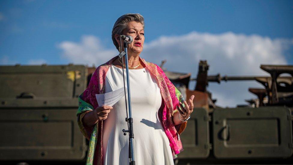 European Commissioner Ylva Johansson speaking at the exhibition's opening in Prague