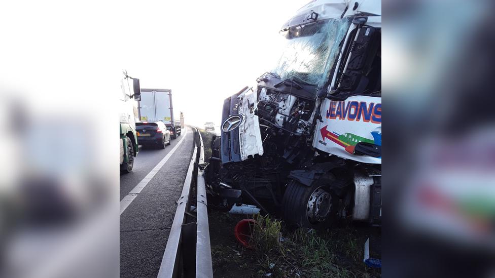 Jackknifed lorry