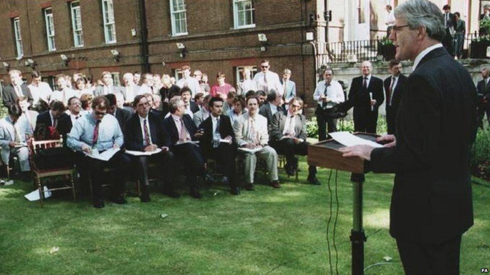 John Major announcing he is standing down as Conservative Party leader in 1995 to force a contest