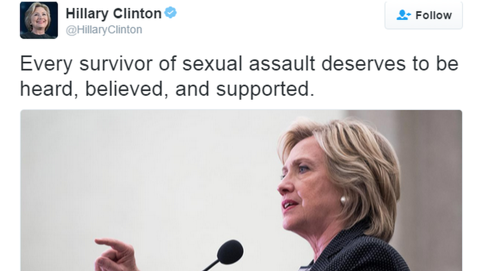 A tweet by Hillary Clinton saying that sexual assault survivors should be "heard and believed".