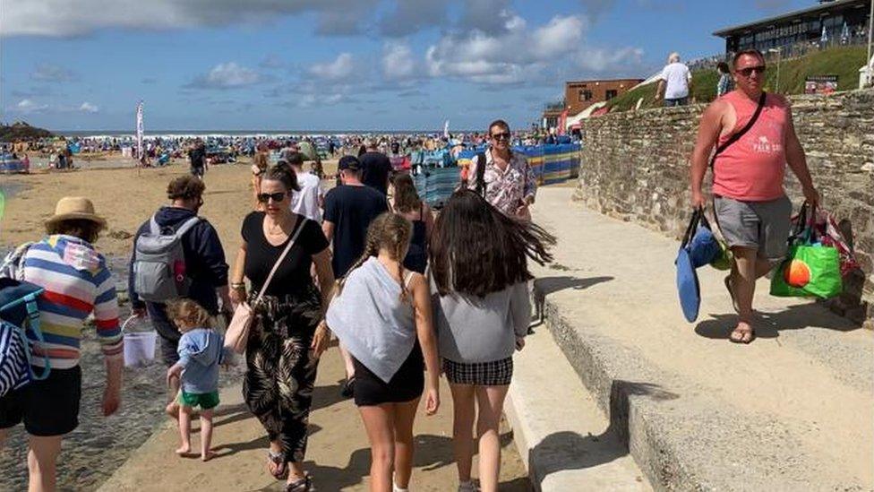 People on a busy Perranporth beach