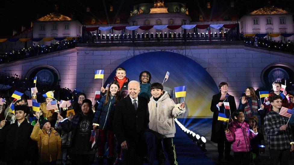 President Biden with children after his speech