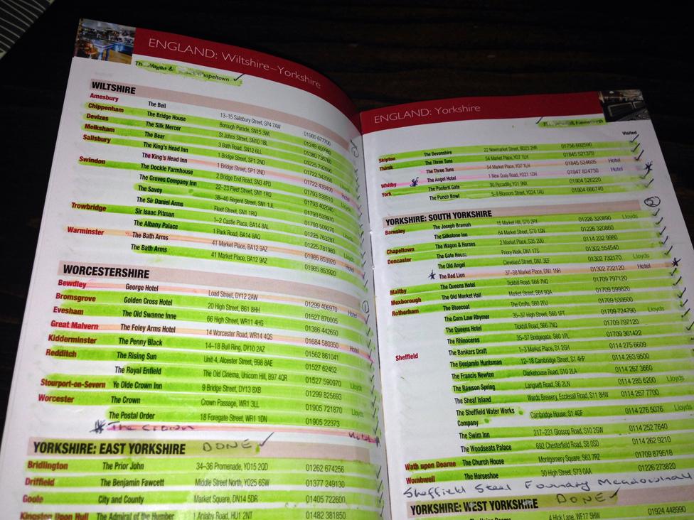 Mags records her visits in the Wetherspoon's directory - green lines for pubs, red lines for hotels