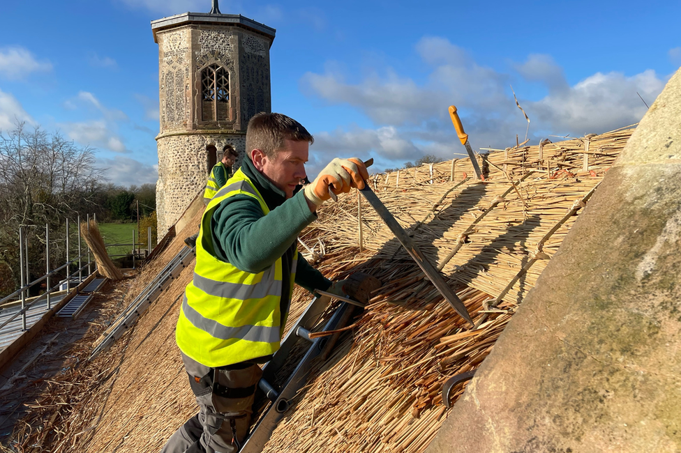 The thatching team at work on St Mary's